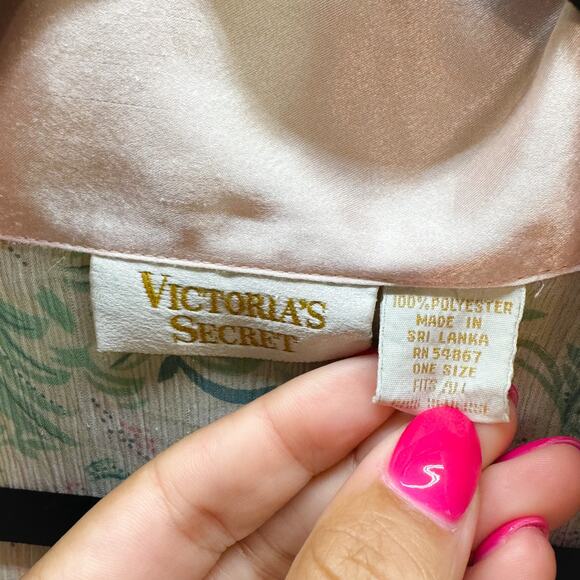 Victoria's Secret Gold Label Pink + Green Floral Satin Trim Tie Front Robe - OS - Picture 5 of 7